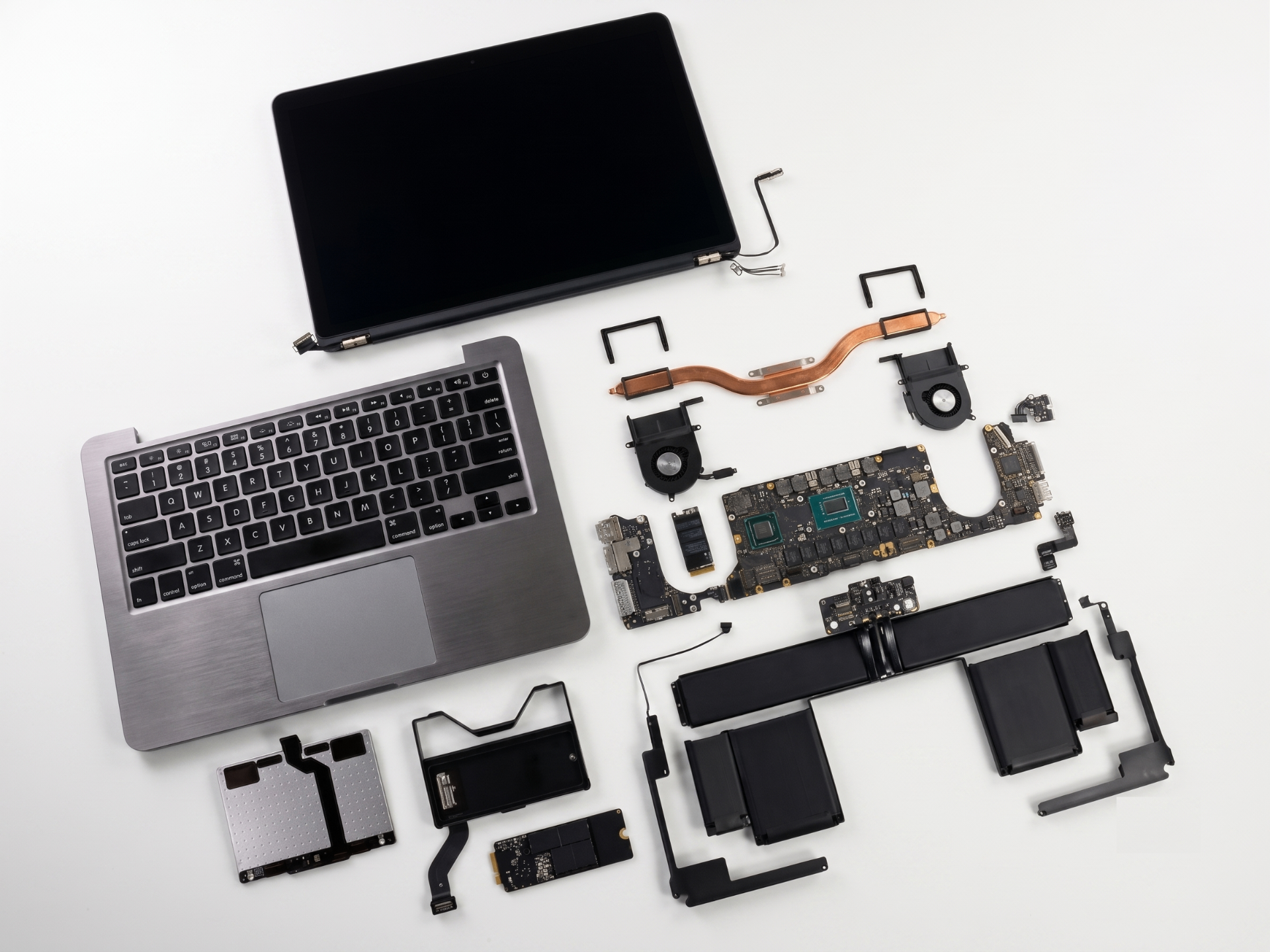 MacBook in Einzelteile zerlegt — Display, Topcase, Logicboard, Akku