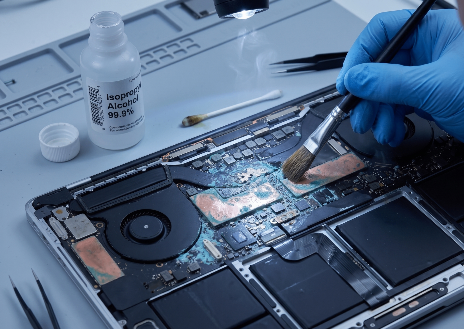 Reinigung eines wassergeschädigten MacBook Logicboards mit Isopropanol